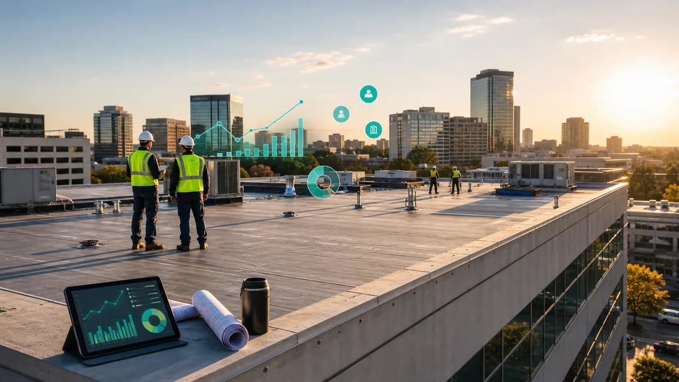 Commercial roofing lead generation scene with flat roof inspection, city skyline, and digital pipeline analytics