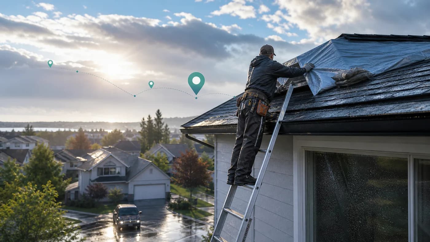 Emergency roof repair lead response with roofer securing a tarp after storm rain in a residential neighborhood