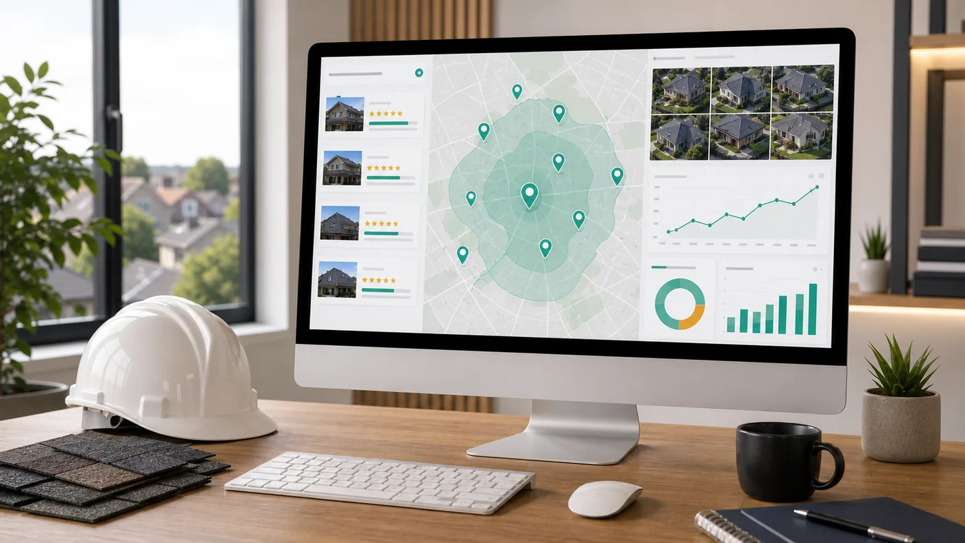 Roofing local SEO map pack dashboard with service area pins, review signals, roof project photos, and ranking charts